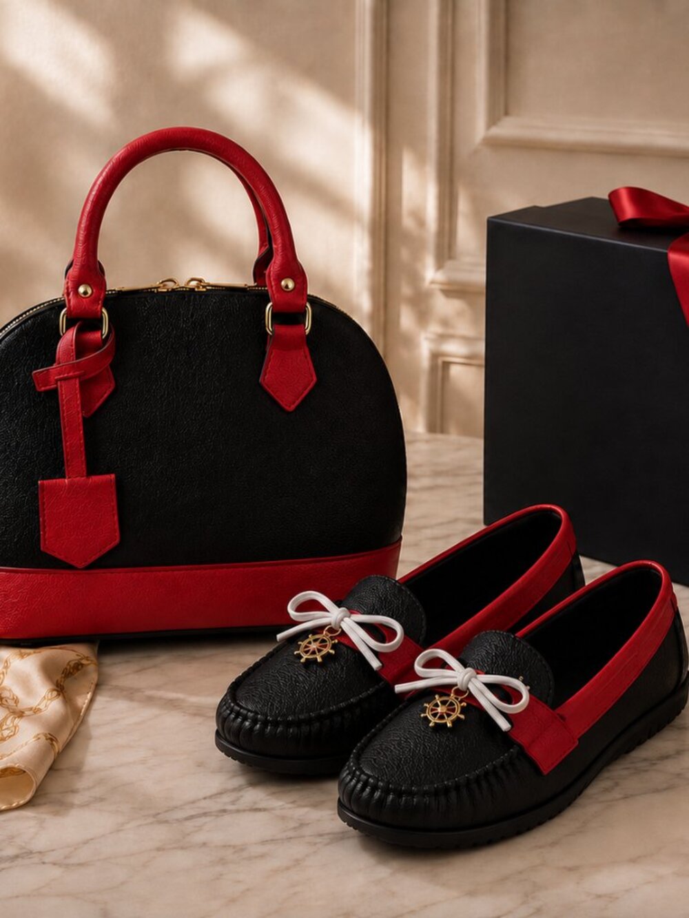 Women's Black Red Loafers Shoes & Matching Handbag Set EU 37-41
